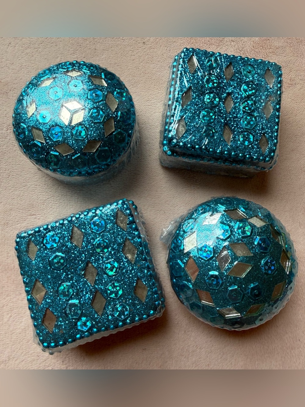 Lot of 4 Vintage Teal Blue Glitter Pill Medicine Trinket Box Mosaic Sequins